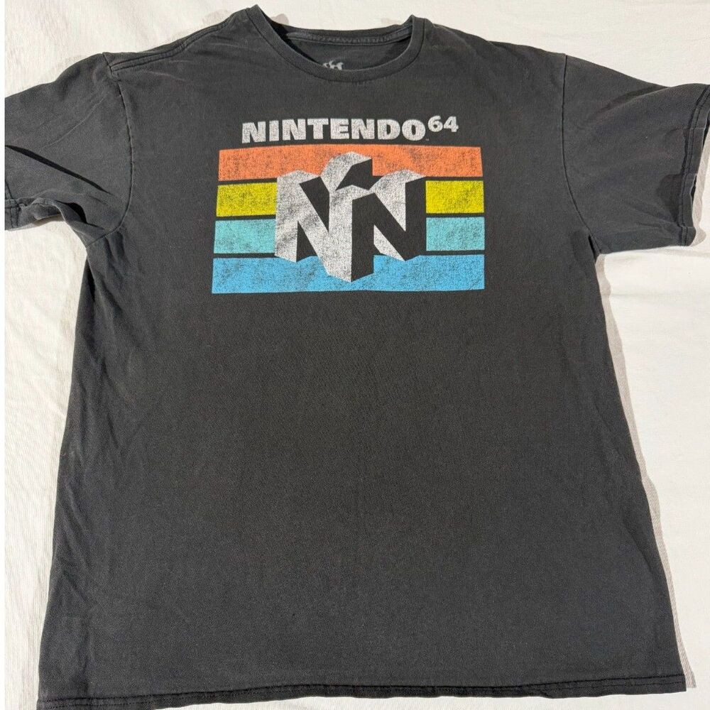 Nintendo 64 Graphic Tee L Faded Black Retro Gaming Y2K Distressed Logo Shirt